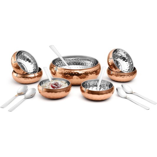 Stainless Steel Serving Bowl Set – 100% Food Grade, Lacquered Copper Color, Hammered Finish, Pudding & Dessert Serving Set (Pack of 14, Brown)