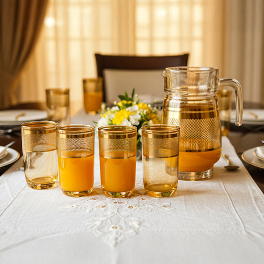 Golden Glass Mug and Jug Set | 7-Piece Structured Design | Premium Quality Transparent Glassware for Gifting, Home & Kitchen Use