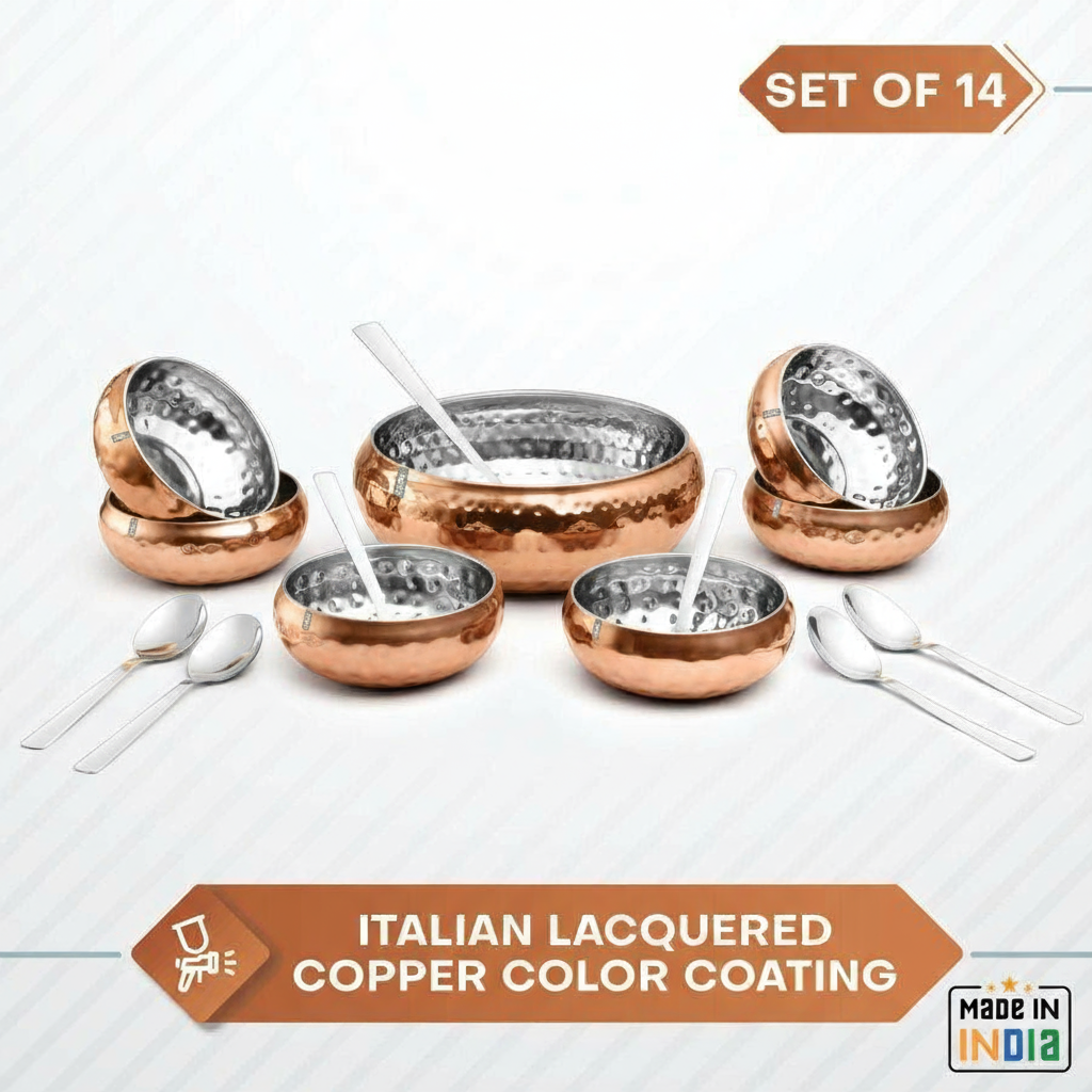 Stainless Steel Serving Bowl Set – 100% Food Grade, Lacquered Copper Color, Hammered Finish, Pudding & Dessert Serving Set (Pack of 14, Brown)