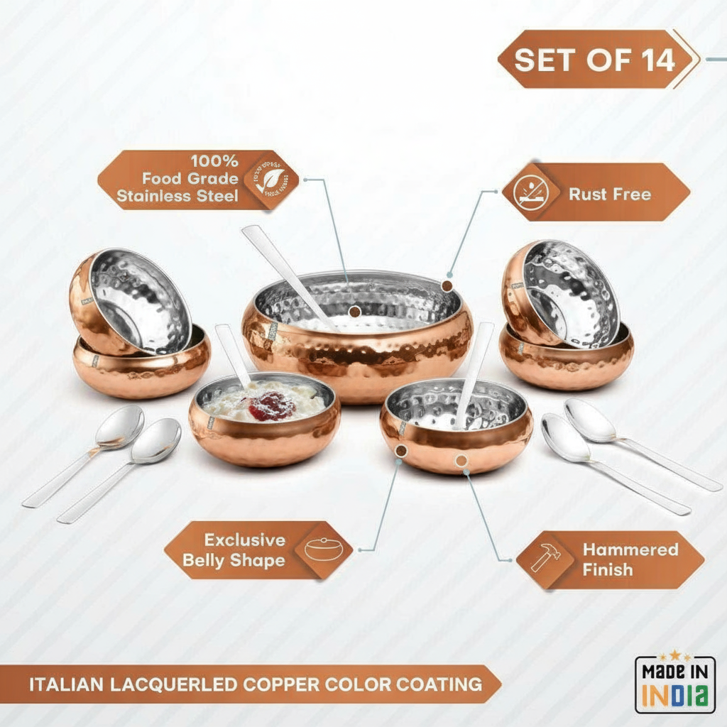 Stainless Steel Serving Bowl Set – 100% Food Grade, Lacquered Copper Color, Hammered Finish, Pudding & Dessert Serving Set (Pack of 14, Brown)