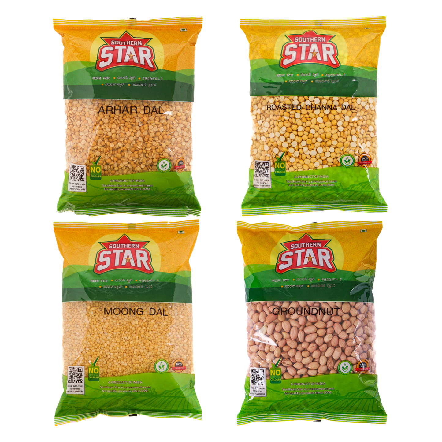 Southern Star Arhar Dal 1Kg & Yellow Moong Dal 1Kg & Roasted Chana Dal 900g & Groundnut 1Kg Combo