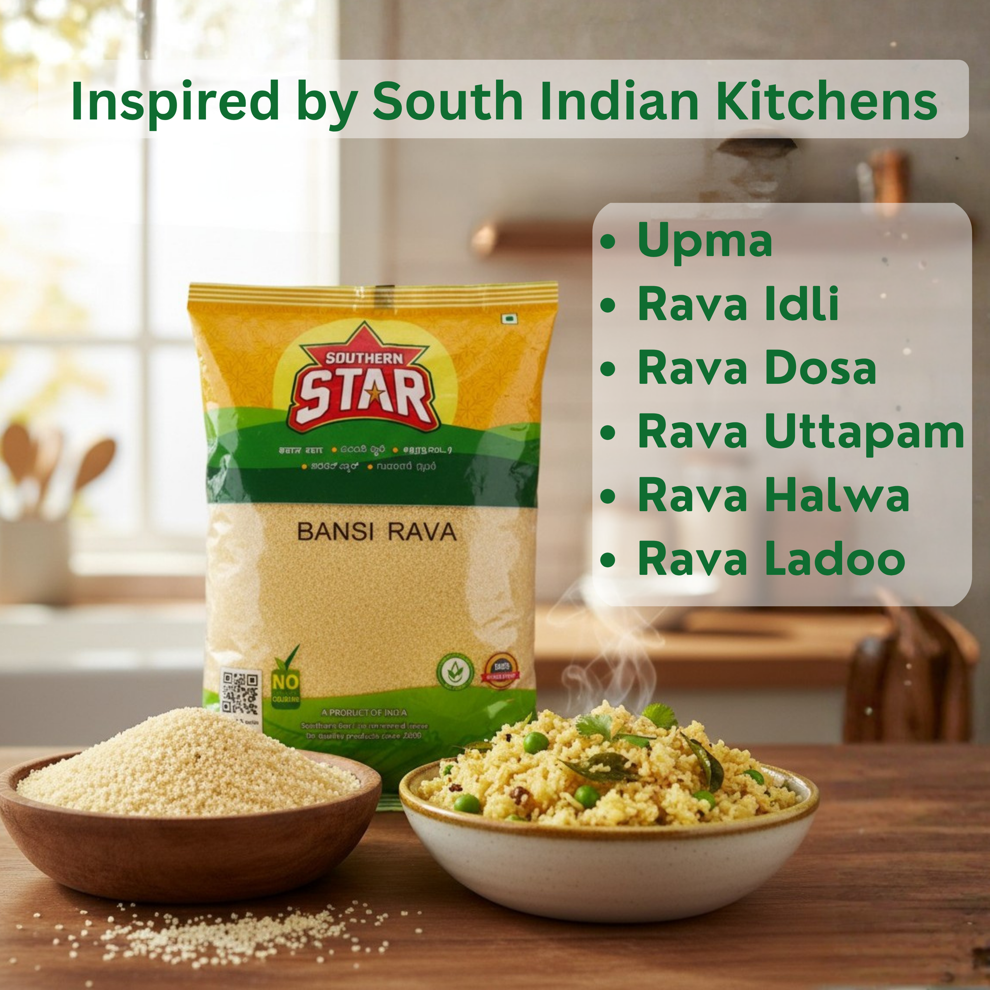 Soft and fluffy rava idli made with Southern Star Bansi Rava
South Indian rava idli prepared with premium semolina
Instant rava idli recipe using Bansi Rava Crispy rava dosa made with Southern Star Bansi Rava
Golden South Indian dosa prepared using semolina
Traditional rava dosa made from premium sooji Delicious sooji halwa made with Southern Star Bansi Rava
Traditional sheera dessert prepared using semolina
Sweet kesari bath made from premium Bansi Rava