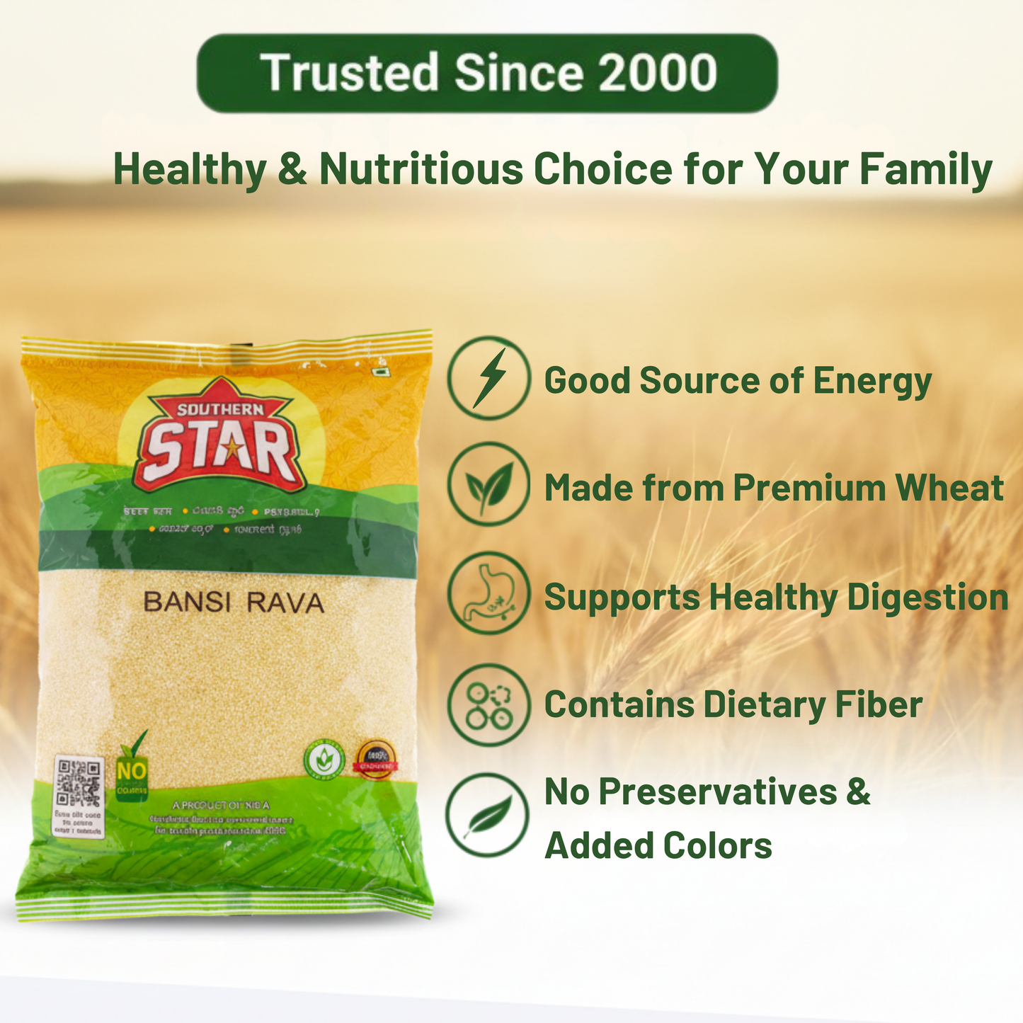 Premium Bansi Rava for everyday Indian breakfast recipes
Durum wheat semolina for upma idli dosa and halwa
Southern Star Bansi Rava kitchen essential for Indian cooking