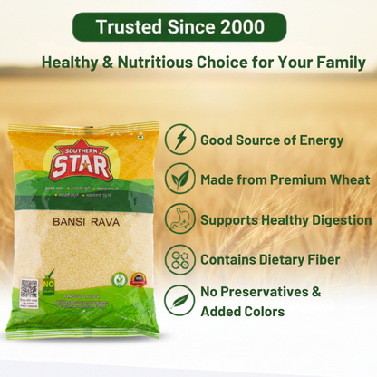 Premium Bansi Rava for everyday Indian breakfast recipes
Durum wheat semolina for upma idli dosa and halwa
Southern Star Bansi Rava kitchen essential for Indian cooking