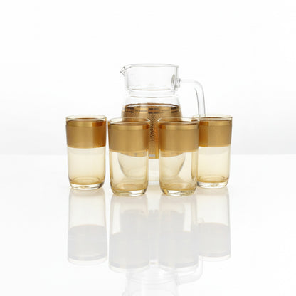 Golden Glass Mug and Jug Set | 7-Piece Structured Design | Premium Quality Transparent Glassware for Gifting, Home & Kitchen Use